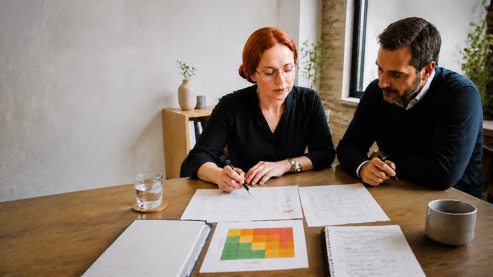 A small-business owner and adviser review a marked-up risk register, compliance checklist, HR and workplace documents, a red amber green risk map, and prioritised action notes at a warm meeting table.